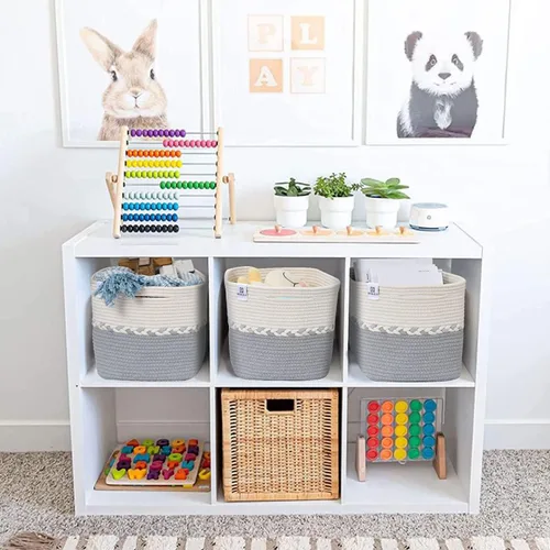 Vista 7 de Paquete de 3 cestas tejidas de 15 x 10 x 9 pulgadas, cestas de almacenamiento de cuerda de algodón para organizar contenedores plegables decorativos