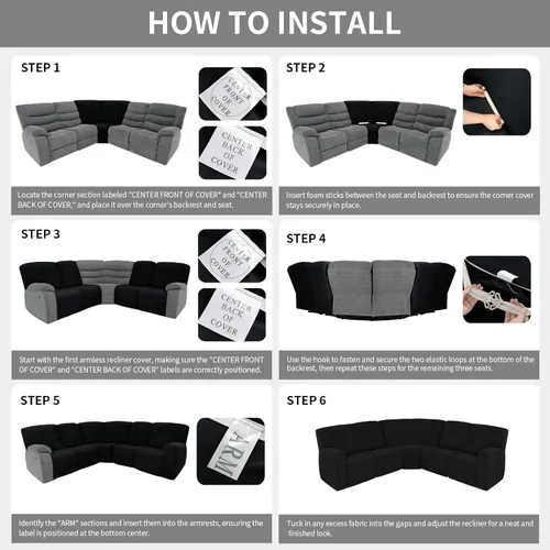 Vista 7 de Easy-Going Funda reclinable 100% impermeable, funda elástica para sofás reclinables, funda de sofá modular extragrande, protector de muebles en Negro