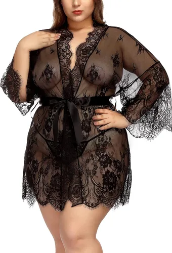 TGD Conjunto de lencería para mujer en tallas grandes Bata de encaje tipo quimono