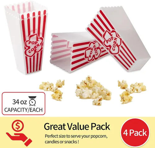 Vista 6 de RAYMEA Recipientes de plástico para palomitas de maíz, cajas reutilizables de estilo retro a rayas rojas y blancas para noche de cine de 4 x 8