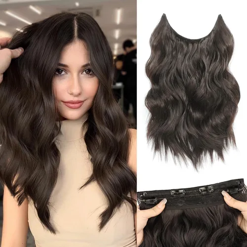 Vista 20 de MORICA Extensiones de Cabello con Alambre Invisible - 20 Pulgadas Marrón Oscuro Largo Ondulado Postizo Sintético con Alambre Transparente