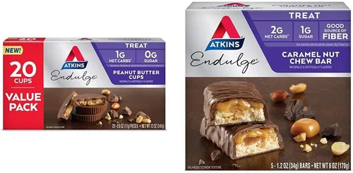 Atkins Endulge - Tazas de mantequilla de maní, postre favorito, bajas en carbohidratos, 0.00 oz de azúcar, 20 unidades y barra masticable Endulge
