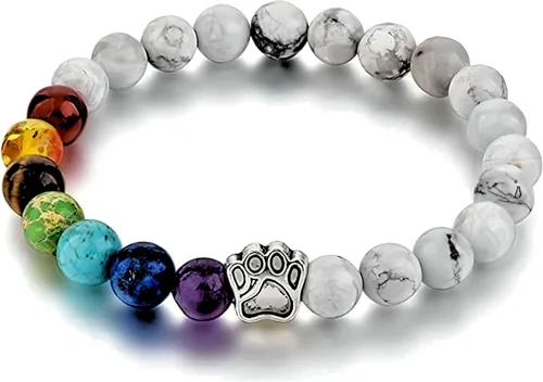 7 Chakra Natural Stone Paw Print Bracelet - Elastic Bracelets for Women, Pet Bracelet with Lava Rock Mala Beads - Dog Puppy Cat Animal