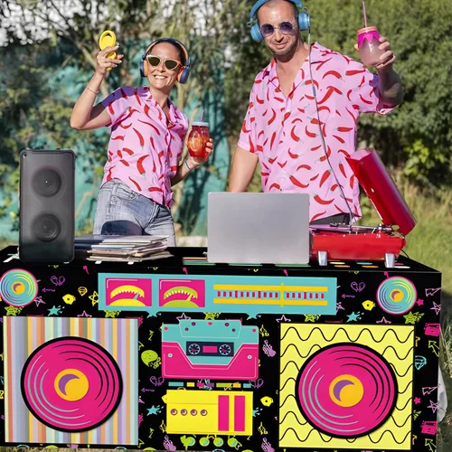 Vista 5 de Mantel rectangular de 6 pies de los años 80 y 90, con estampado de altavoz estéreo de radio retro, funda de mesa de tela lavable para cumpleaños