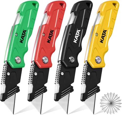 KATA Cuchillos de corte de caja plegables: paquete de 4 cuchillos utilitarios resistentes para cajas de bolsillo – 20 hojas de afeitar adicionales,