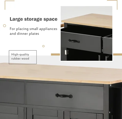 Vista 4 de Isla de cocina grande de 54 pulgadas con almacenamiento, carrito de isla de cocina con ruedas con parte superior de madera de caucho, armarios de 4