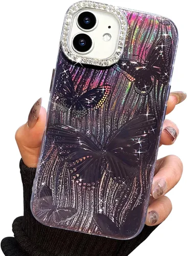 Vista 637 de I-MGAE-IN-AR - Funda diseñada para iPhone 12 y 12 Pro, diseño de mariposa plateada brillante, funda protectora de poliuretano termoplástico, suave