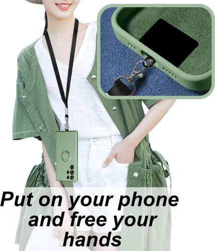 Vista 5 de Funda para Galaxy S22 Ultra, con soporte de anillo giratorio de 360° y cordón de correa de silicona líquida delgada a prueba de golpes para Galaxy