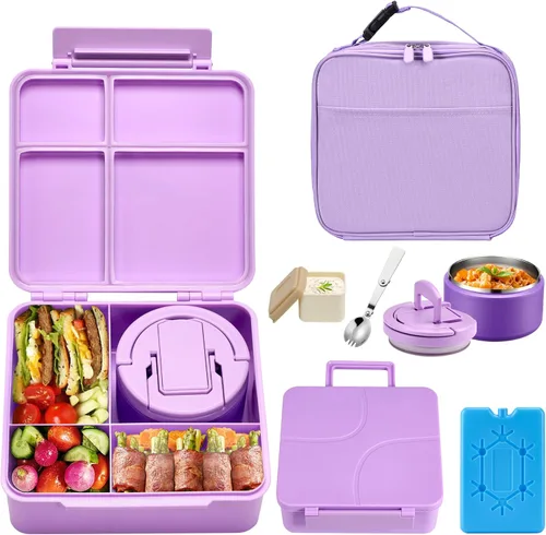 Vista 10 de Lonchera Bento con termo de sopa de 8 onzas, recipientes de comida para niños a prueba de fugas con 4 compartimentos con taza de salsa y bolsa