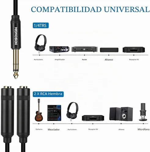 Vista 3 de HOSONGIN - Cable de inserción divisor en Y estéreo de 1/4 TRS a dual de 1/4 TS mono, con conector chapado en oro, blindaje doble y funda de nylon