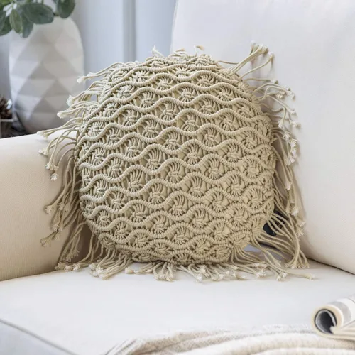 Vista 13 de Phantoscope Almohada Decorativa de Algodón Macramé Hecha a Mano Simétrica 3D Tejida a Crochet Estilo Boho Almohada de Granja con Relleno Incluido