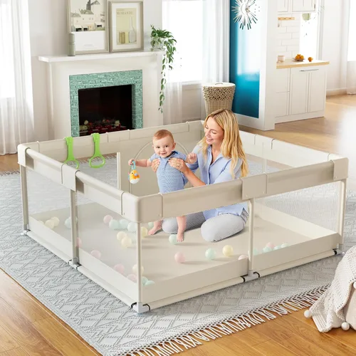 Fodoss Corralito para bebés, corralito mejorado para bebés y niños pequeños, corralito beige de 47 x 47 pulgadas para bebés con anillo de tracción