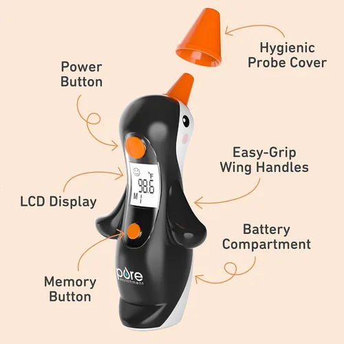 Vista 4 de Pure Enrichment® PureBaby® - Termómetro de oído de pingüino - Tecnología InstaRead™, pantalla LCD retroiluminada, 10 ajustes de memoria, lecturas