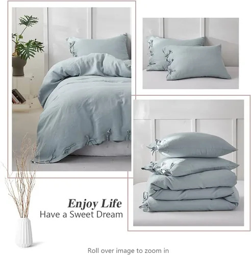 Vista 4 de Simple&Opulence Juego de funda de edredón 100% lino, 3 piezas con cierre de lazos de lazo, lino lavado francés natural, color sólido, suave