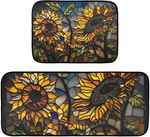 Vista 3 de Curve - Tapetes de cocina de girasol, antifatiga, 2 piezas para piso, alfombras de cocina antideslizantes acolchadas, absorbentes, cómodas
