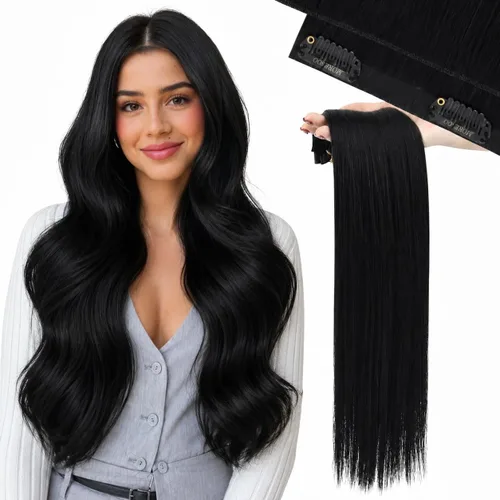 Moresoo Genius - Extensiones de cabello humano real con clip, color negro azabache, invisibles, sin costuras, de trama de piel sintética,