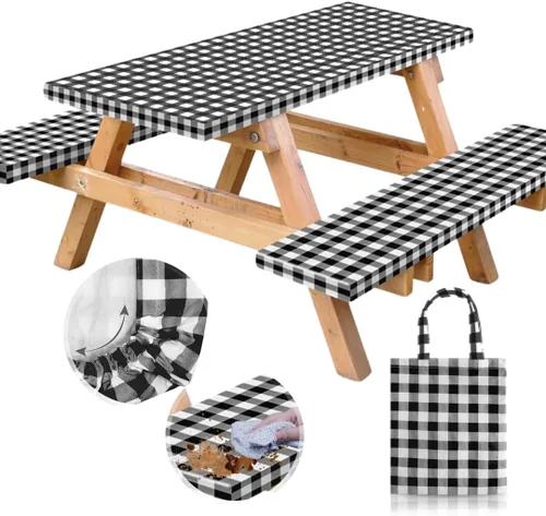 Vista 20 de RNOONY Mantel de vinilo ajustable para mesa de picnic con fundas de banco y bolsa, mantel de picnic impermeable para exteriores de 6 pies con bordes