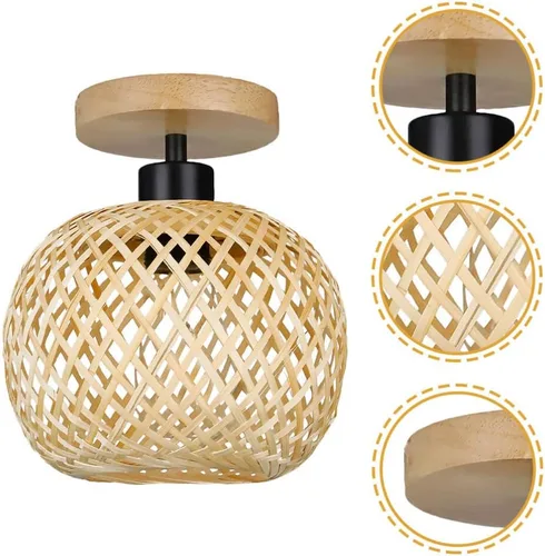 Vista 7 de Housoutil Lámpara de techo de ratán tejido, lámpara de techo de mimbre hecha a mano, lámpara de techo de ratán para sala de estar, dormitorio