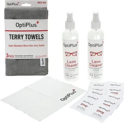 Vista 6 de OptiPlus Paquete de limpieza natural de lentes y pantallas de 16 onzas, toallitas para lentes, paño de microfibra y toalla de microfibra de 16 x 16