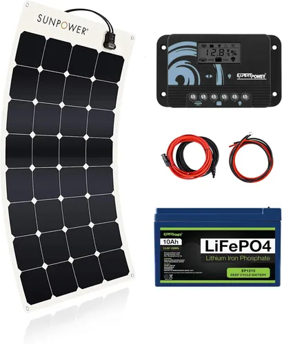 Vista 10 de ExpertPower Kit de energía solar de 100 W y 12 V Batería de litio LiFePO4 de 12 V 20 Ah Panel solar flexible de 100 W, controlador de carga