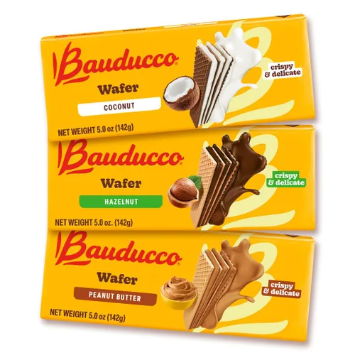 Bauducco Wafer Cookies Island - Paquete de cremas saborizadas de coco, avellana y mantequilla de maní, 5.0 onzas cada sabor (paquete de 3)