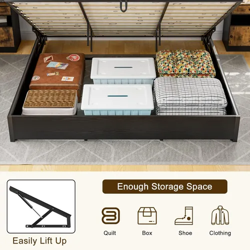 Vista 7 de IKIFLY Cama de almacenamiento elevable tamaño King con estación de carga, marco de cama de metal King con cabecera de estante de almacenamiento