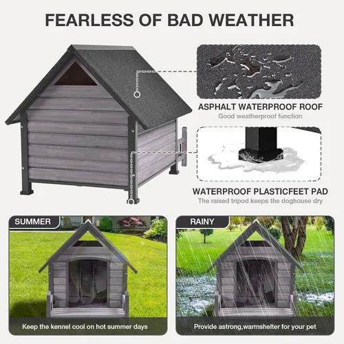 Vista 2 de Casa para perros con diseño de marco de hierro para interiores y exteriores, con porche y patas elevadas para perros pequeños y medianos (gris)