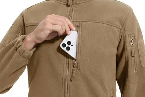 Vista 4 de CRYSULLY Chaqueta de forro polar táctica con cremallera completa para hombre, abrigo de invierno con múltiples bolsillos