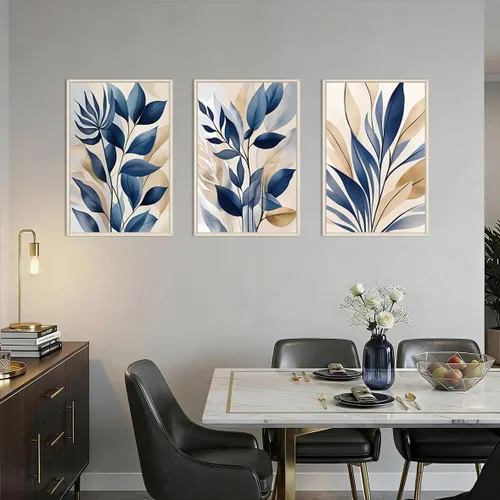 Vista 4 de HOURIA Navy Blue Neutral Tan Leaf Framed Canvas Wall Art Set,Wabi Sabi Boho Mid Century Leaves Wall Decor,Modern Abstract Minimalist Beige Botanical