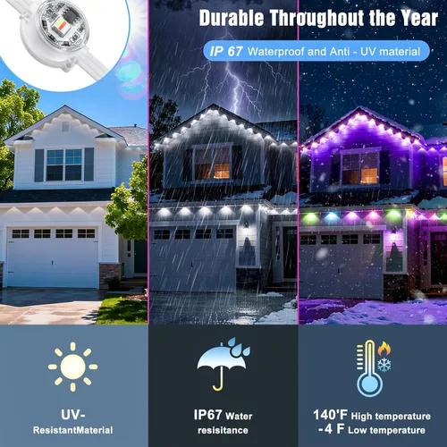 Vista 3 de Luces exteriores permanentes para casa, 30.5 metros, RGB+IC, luces inteligentes para aleros con color personalizable, IP67 impermeables, control por