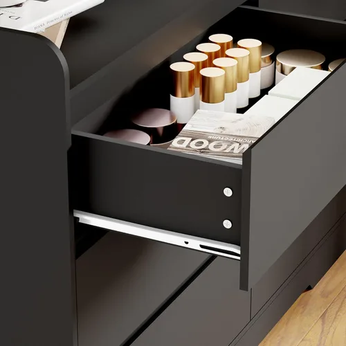 Vista 6 de BEWISHOME Cómoda negra para dormitorio, cómoda moderna de madera con 6 cajones, cómoda con diseño superior de valla de espacio abierto para sala