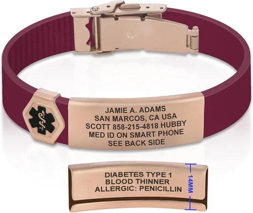 Vista 191 de Divoti Pulsera de identificación de alerta médica grabada personalizada, grabado láser de doble cara (hasta 9 líneas), pulsera de silicona ajustable