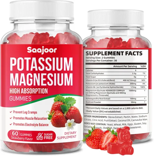 Gomitas de potasio y magnesio, glicinato de magnesio de alta absorción, D3 y B6, citrato de potasio, para apoyo muscular, calambres en las piernas y