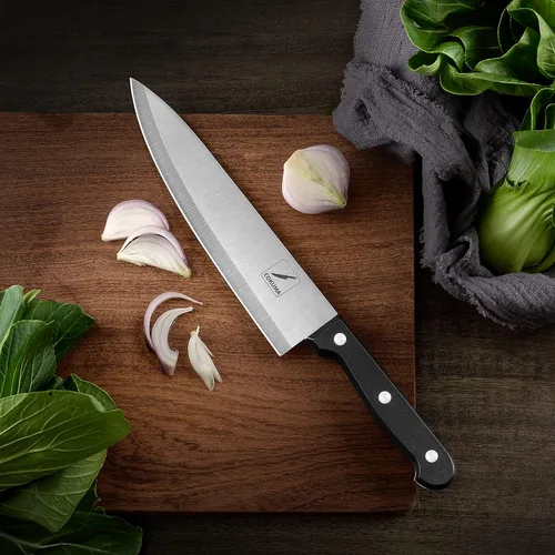 Vista 8 de COKUMA Cuchillo de cocina, juego de 3 cuchillos con funda, cuchillo de chef de 8 pulgadas, cuchillo utilitario de 4.5 pulgadas, cuchillo de chef