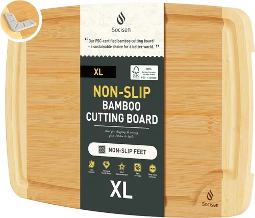 Vista 21 de Tabla de cortar de bambú extra grande con pies antideslizantes y tabla de cortar de madera para cocina con ranura de jugos para carne, verduras