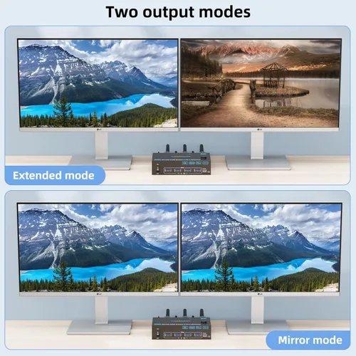 Vista 7 de Interruptor KVM 4K@144Hz 2 Monitores 2 Computadoras 8K@60Hz, Camgeet Interruptor KVM de Monitor Dual HDMI y DisplayPort con 4 Puertos USB 3.0