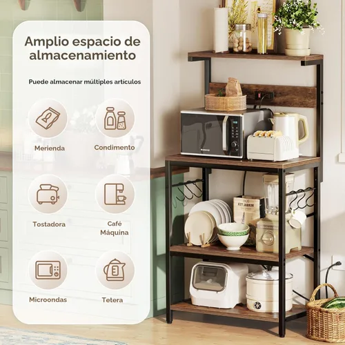 Vista 6 de SUPERJARE Estante de panadero de cocina con toma de corriente, mesa de bar de café de 4 niveles, soporte de microondas de cocina con 6 ganchos