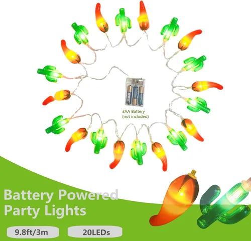 Vista 3 de Guirnalda de luces artificiales de cactus verde chile rojo, 20 LED, luces de noche de hadas de Navidad, funciona con pilas, para decoración de bodas