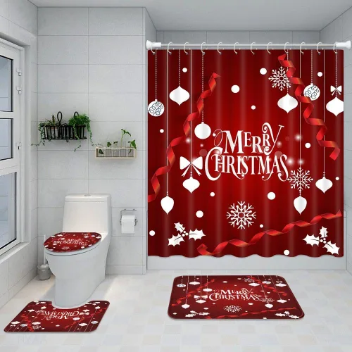 Vista 7 de Emvency Juego de 4 cortinas de ducha de Feliz Navidad, copos de nieve y cintas con alfombras antideslizantes, cubierta roja para tapa de inodoro