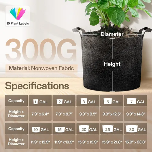 Vista 9 de VIVOSUN - Paquete de 5, 1 galón, bolsas para cultivar de tela no tejida gruesa resistente con asas