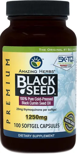 Amazing Herbs Píldoras de aceite de semilla negra de 1250 mg, 100 cápsulas de cápsulas blandas - prensadas en frío | Sin OMG