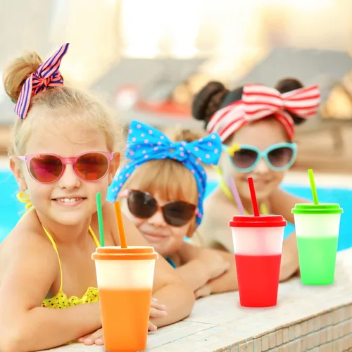 Vista 5 de FIEKEICC Vasos que cambian de color, 10 vasos de plástico de 12 onzas con tapas y pajitas para batidos de café helado, vasos reutilizables a prueba