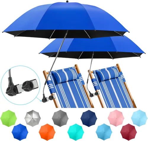 Vista 9 de Paquete de 2 paraguas de playa con abrazadera, paraguas ajustable de 360° para silla, paraguas UPF50+ para silla de playa, silla de patio, silla