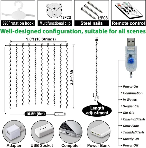 Vista 5 de ZSJWL - Guirnalda de 300 luces LED de hadas para cortina con mando a distancia, 8 modos, 2.9 × 2.9 mt, luz de cadena para cortina con enchufe USB