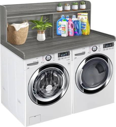 Vista 11 de Royxen Encimera de lavandería con estante de 20 pulgadas, ajuste universal, encimera para lavadora y secadora con espacio de almacenamiento, roble