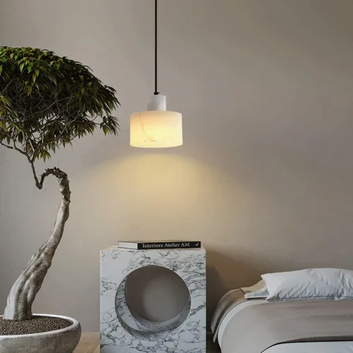 Creative Cylinder Pendant Light Fixtures, Modern Marble Shade Hanging Pendant Lamp with Metal Dome, 78.7in Adjustable Height E27/E26 Sockets