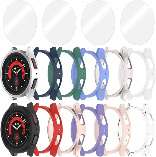Paquete de 12+4 fundas para Samsung Galaxy Watch 5 Pro de 1.772 in con protector de pantalla de vidrio templado, resistente al agua, resistente a