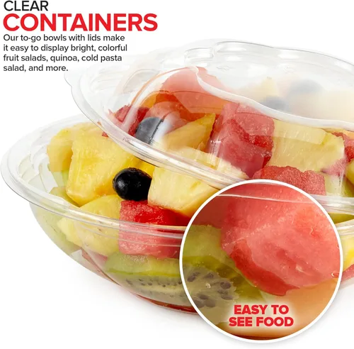Vista 5 de Stock Your Home Cuencos de Ensalada de Plástico Transparente de 18 oz con Tapas Desechables (Paquete de 50) Mini Recipiente para Llevar con Tapa a