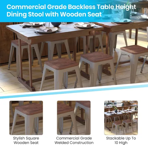 Vista 41 de Flash Furniture Juego de 4 taburetes de metal con asiento de madera, taburete Kai de grado comercial negro sin espalda, sillas de comedor apilables