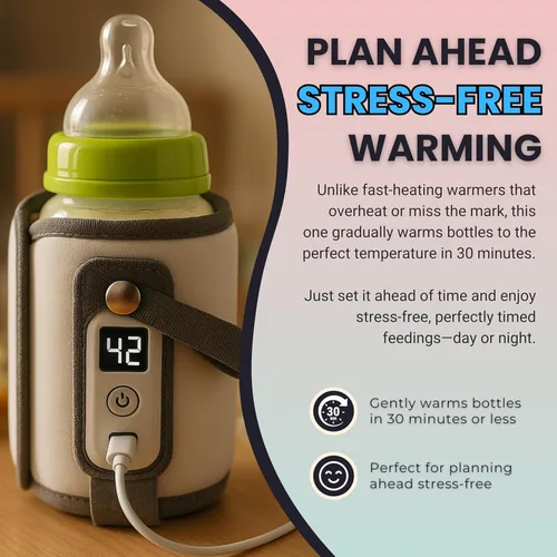 Vista 5 de Calentador de biberones portátil con 5 ajustes de temperatura, diseño impermeable y lavable, se adapta a todas las botellas, pantalla LED, USB-C